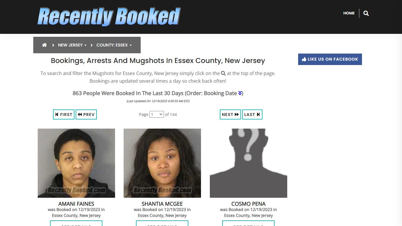 Bookings, Arrests and Mugshots in Essex County, New Jersey
